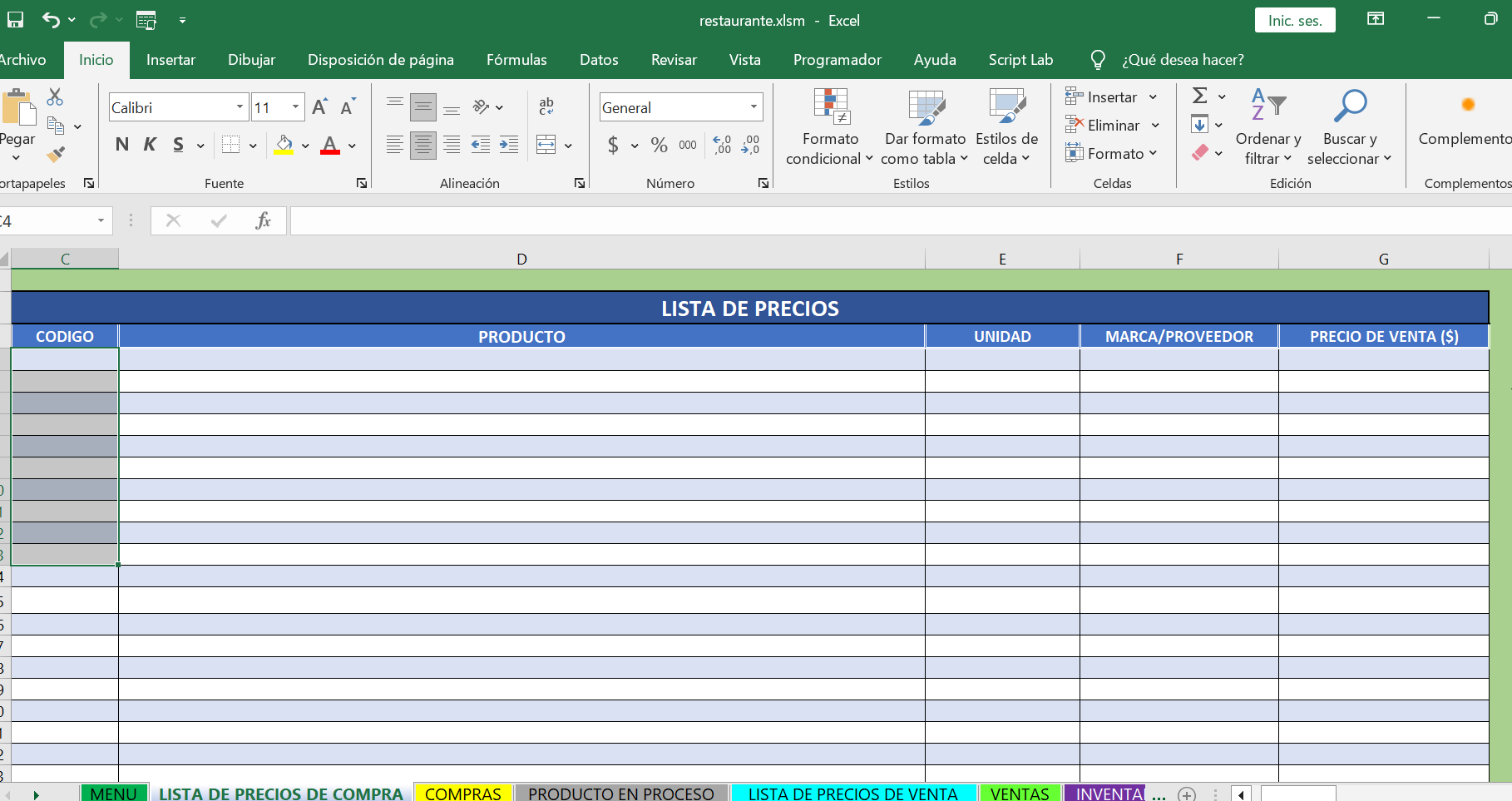 Plantilla para productos en proceso a producto terminado "restaurante"