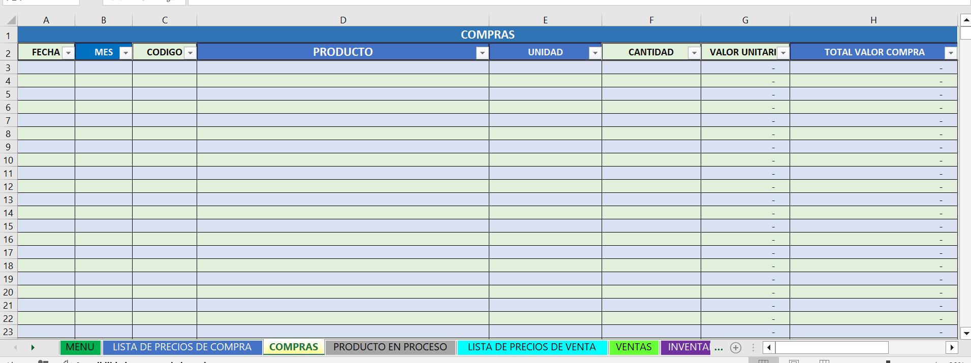 Plantilla para productos en proceso a producto terminado "restaurante"