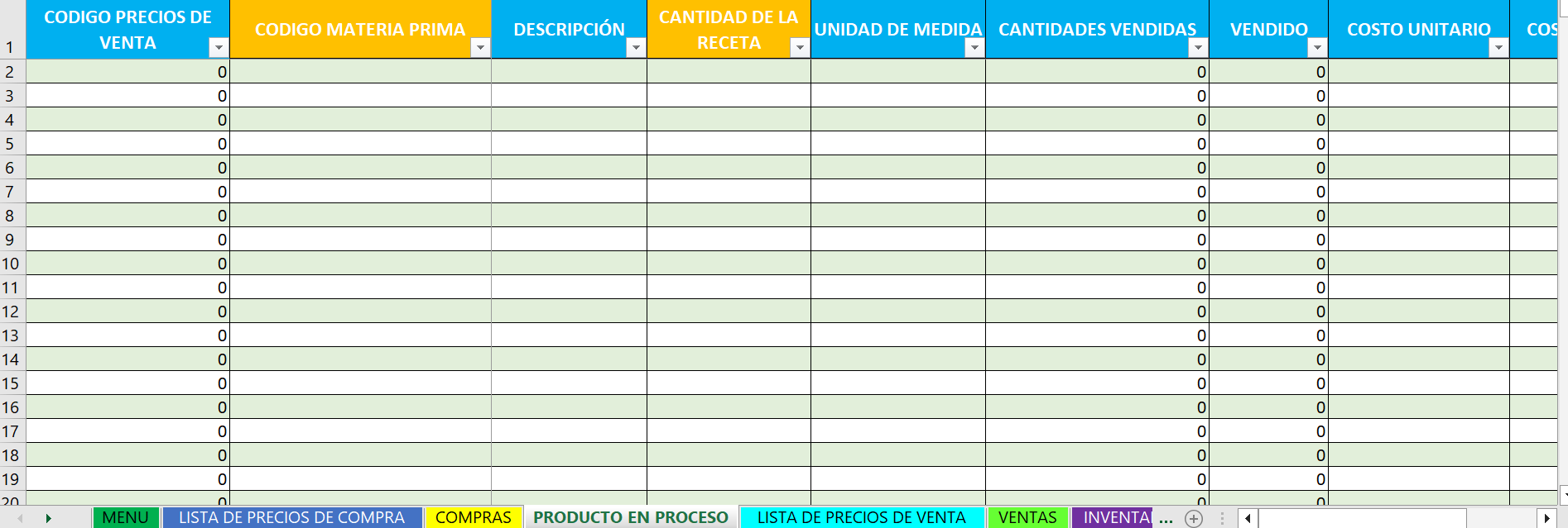 Plantilla para productos en proceso a producto terminado "restaurante"