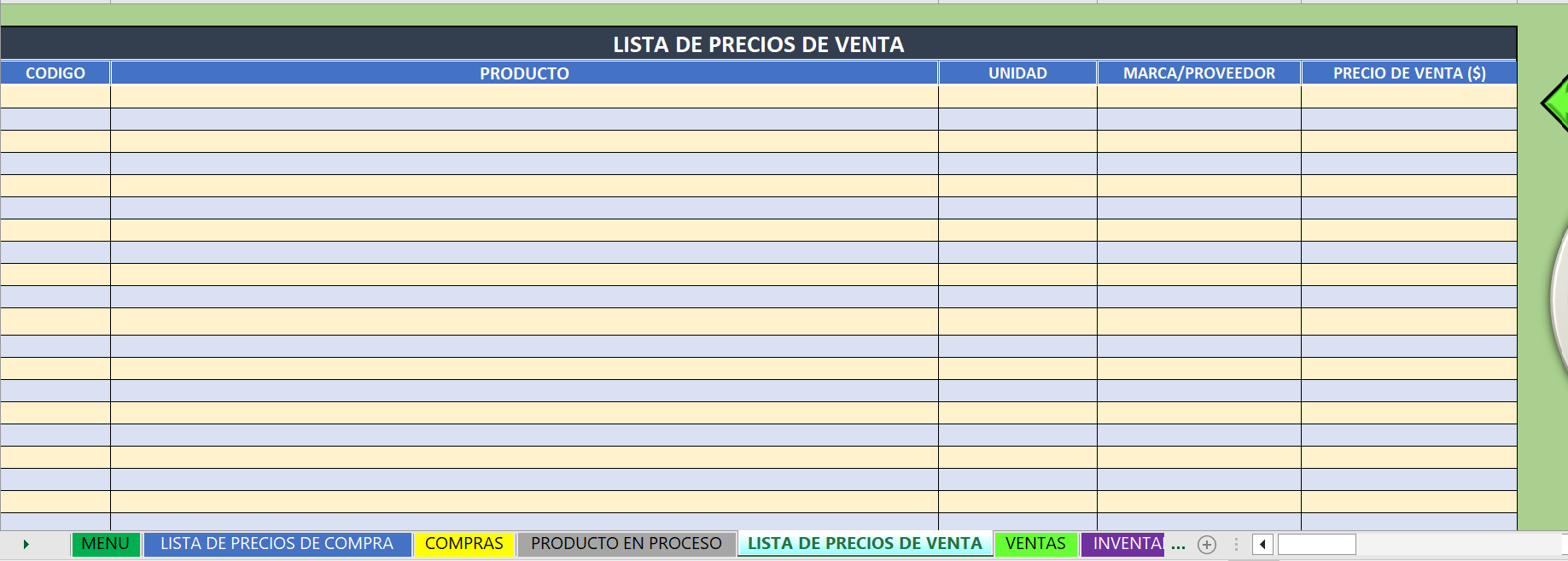 Plantilla para productos en proceso a producto terminado "restaurante"