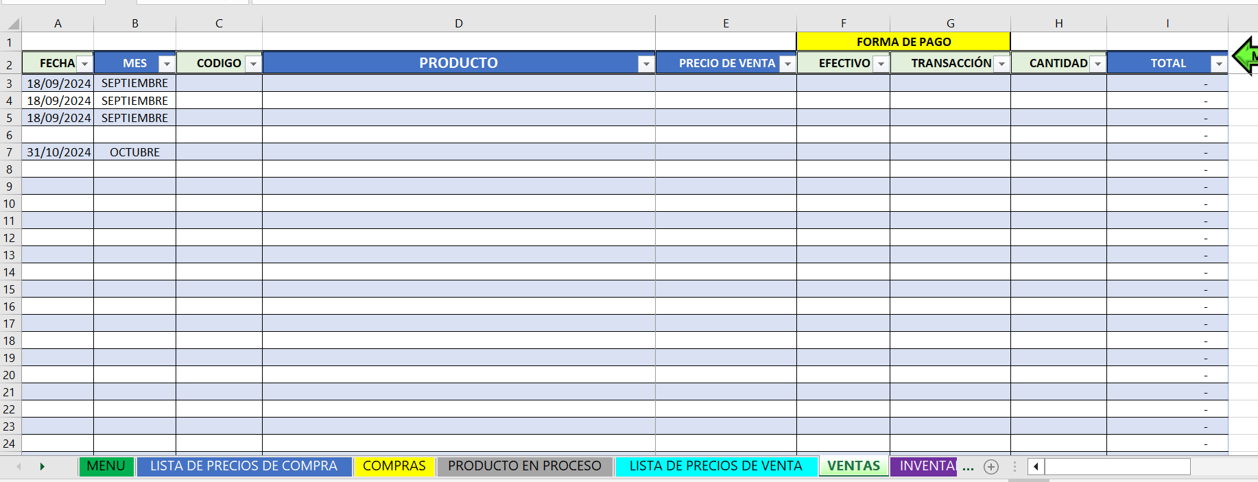 Plantilla para productos en proceso a producto terminado "restaurante"