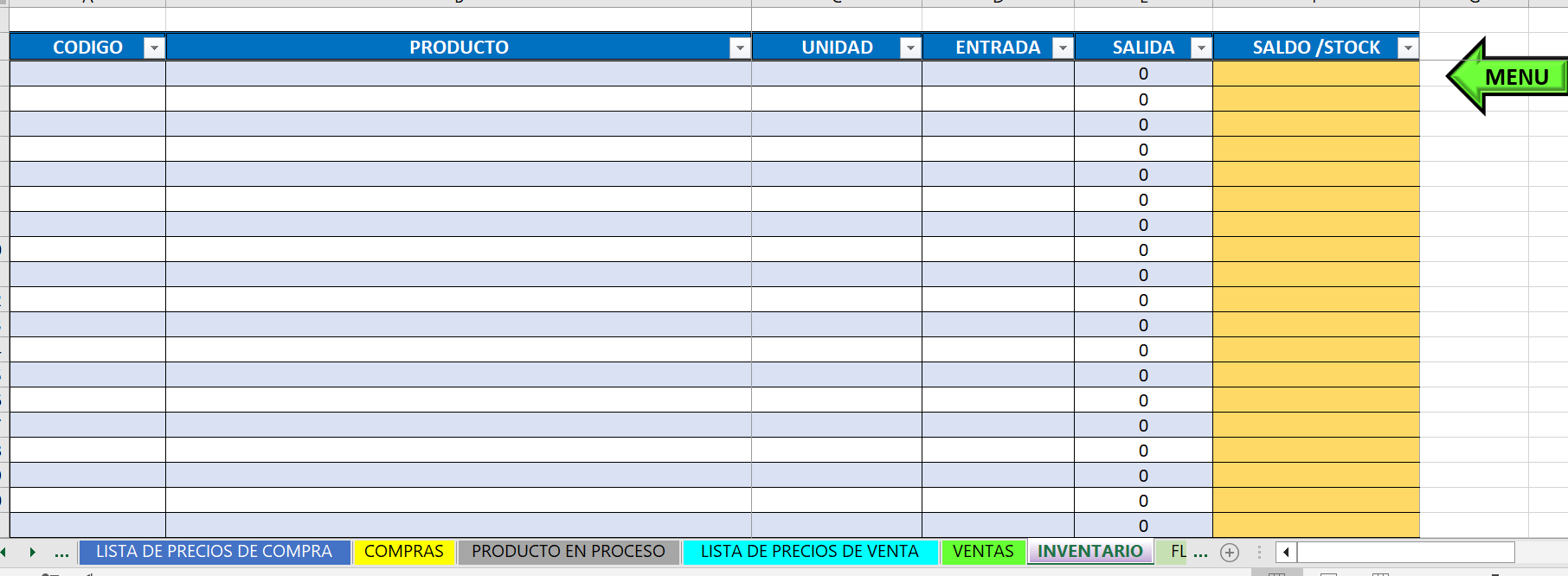 Plantilla para productos en proceso a producto terminado "restaurante"