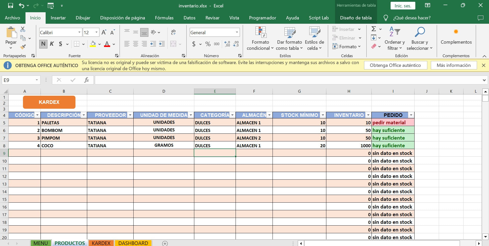 Plantilla en Excel para manejo de Inventario