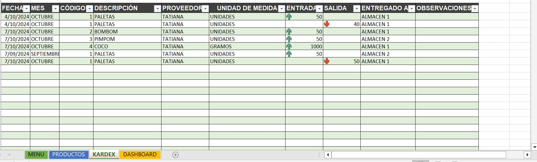 Plantilla en Excel para manejo de Inventario